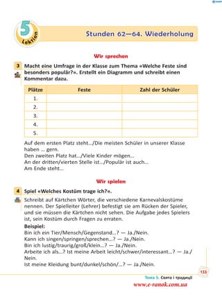 Le kt
ion
5 Stunden 62—64. Wiederholung
Wir sprechen
3 Macht eine Umfrage in der Klasse zum Thema «Welche Feste sind
besonders populär?». Erstellt ein Diagramm und schreibt einen
Kommentar dazu.
Plätze Feste Zahl der Schüler
1.
2.
3.
4.
5.
Auf dem ersten Platz steht…/Die meisten Schüler in unserer Klasse
haben … gern.
Den zweiten Platz hat…/Viele Kinder mögen…
An der dritten/vierten Stelle ist…/Populär ist auch…
Am Ende steht…
Wir spielen
4 Spiel «Welches Kostüm trage ich?».
Schreibt auf Kärtchen Wörter, die verschiedene Karnevalskostüme
nennen. Der Spielleiter (Lehrer) befestigt sie am Rücken der Spieler,
und sie müssen die Kärtchen nicht sehen. Die Aufgabe jedes Spielers
ist, sein Kostüm durch Fragen zu erraten.
Beispiel:
Bin ich ein Tier/Mensch/Gegenstand…? — Ja./Nein.
Kann ich singen/springen/sprechen…? — Ja./Nein.
Bin ich lustig/traurig/groß/klein…? — Ja./Nein.
Arbeite ich als…? Ist meine Arbeit leicht/schwer/interessant…? — Ja./
Nein.
Ist meine Kleidung bunt/dunkel/schön/…? — Ja./Nein.
3
4
Тема 5. Свята і традиції
133
www.e-ranok.com.ua
 