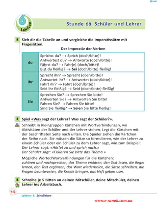 Le ktion
6 Stunde 68. Schüler und Lehrer
4 Sieh dir die Tabelle an und vergleiche die Imperativsätze mit
Fragesätzen.
Der Imperativ der Verben
du
Sprichst du?  Sprich (doch/bitte)!
Antwortest du?  Antworte (doch/bitte)!
Fährst du?  Fahr(e) (doch/bitte)!
Bist du fleißig? Sei (doch/bitte) fleißig!
ihr
Sprecht ihr?  Sprecht (doch/bitte)!
Antwortet ihr?  Antwortet (doch/bitte)!
Fahrt ihr?  Fahrt (doch/bitte)!
Seid ihr fleißig?  Seid (doch/bitte) fleißig!
Sie
Sprechen Sie?  Sprechen Sie bitte!
Antworten Sie?  Antworten Sie bitte!
Fahren Sie?  Fahren Sie bitte!
Sind Sie fleißig?  Seien Sie bitte fleißig!
5 Spiel «Was sagt der Lehrer? Was sagt der Schüler?».
Schreibt in Kleingruppen Kärtchen mit Wortverbindungen, wo
Aktivitäten der Schüler und der Lehrer stehen. Legt die Kärtchen mit
der beschrifteten Seite nach unten. Die Spieler ziehen die Kärtchen
der Reihe nach. Sie müssen die Sätze so formulieren, wie der Lehrer zu
einem Schüler oder ein Schüler zu dem Lehrer sagt, wie zum Beispiel:
Der Lehrer sagt: «Hör(e) zu und sprich nach.»
Der Schüler sagt: «Erklären Sie bitte das Thema.»
Mögliche Wörter/Wortverbindungen für die Kärtchen:
zuhören und nachsprechen, das Thema erklären, den Text lesen, die Regel
lernen, den Text ergänzen, das Wort wiederholen, die Sätze schreiben, die
Fragen beantworten, die Kreide bringen, das Heft geben usw.
6 Schreibe je 5 Bitten an deinen Mitschüler, deine Mitschüler, deinen
Lehrer ins Arbeitsbuch.
4
5
6
Lektion 6. Schulleben
142
www.e-ranok.com.ua
 