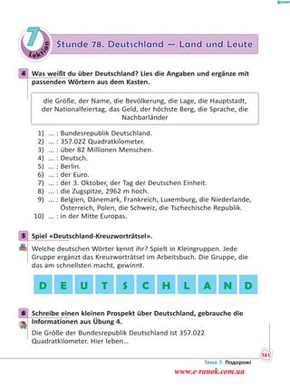 Le kt
ion
7 Stunde 78. Deutschland — Land und Leute
4 Was weißt du über Deutschland? Lies die Angaben und ergänze mit
passenden Wörtern aus dem Kasten.
die Größe, der Name, die Bevölkerung, die Lage, die Hauptstadt,
der Nationalfeiertag, das Geld, der höchste Berg, die Sprache, die
Nachbarländer
1) ... : Bundesrepublik Deutschland.
2) ... : 357.022 Quadratkilometer.
3) ... : über 82 Millionen Menschen.
4) ... : Deutsch.
5) ... : Berlin.
6) ... : der Euro.
7) ... : der 3. Oktober, der Tag der Deutschen Einheit.
8) ... : die Zugspitze, 2962 m hoch.
9) ... : Belgien, Dänemark, Frankreich, Luxemburg, die Niederlande,
Österreich, Polen, die Schweiz, die Tschechische Republik.
10) ... : in der Mitte Europas.
5 Spiel «Deutschland-Kreuzworträtsel».
Welche deutschen Wörter kennt ihr? Spielt in Kleingruppen. Jede
Gruppe ergänzt das Kreuzworträtsel im Arbeitsbuch. Die Gruppe, die
das am schnellsten macht, gewinnt.
D E U T S C H L A N D
6 Schreibe einen kleinen Prospekt über Deutschland, gebrauche die
Informationen aus Übung 4.
Die Größe der Bundesrepublik Deutschland ist 357.022
Quadratkilometer. Hier leben…
4
5
6
Тема 7. Подорожі
161
www.e-ranok.com.ua
 