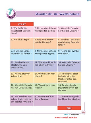 Le kt
ion
7 Stunden 82—84. Wiederholung
START
1. Wie heißt die
Hauptstadt Deutsch-
lands?
2. Nenne drei Sehens-
würdigkeiten Berlins.
3. Wie viele Einwoh-
ner hat die Ukraine?
6. Wie alt ist Kyjiw? 5. Wie viele Meere
hat die Ukraine?
4. Wie heißt der Nati-
onalfeiertag Deutsch-
lands?
7. In welche Länder
möchtest du fahren?
8. Nenne drei Sehens-
würdigkeiten Kyjiws.
9. Nenne das Symbol
von Berlin.
12. Beschreibe die
Staatsfahne von
Deutschland.
11. Wie viele Einwoh-
ner leben in Kyjiw?
10. Wie viele Gebiete
hat die Ukraine?
13. Nenne drei Ver-
kehrsmittel.
14. Wohin kann man
fahren?
15. In welcher Stadt
befindet sich die
Straße «Unter den
Linden»?
18. Wie viele Einwoh-
ner hat Deutschland?
17. Womit kann man
reisen?
16. Beschreibe die
Staatsfahne von der
Ukraine.
19. Mit welchen Ver-
kehrsmitteln reist du
am liebsten? Warum?
20. Nenne fünf Län-
der in Europa.
21. Nenne den größ-
ten Fluss der Ukraine.
ZIEL
Тема 7. Подорожі
171
www.e-ranok.com.ua
 