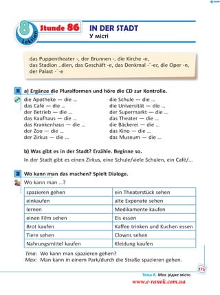 Le kt
ion
8 IN DER STADT
У місті
Stunde 86
das Puppentheater -, der Brunnen -, die Kirche -n,
das Stadion ..dien, das Geschäft -e, das Denkmal -¨-er, die Oper -n,
der Palast -¨-e
1 a) Ergänze die Pluralformen und höre die CD zur Kontrolle.
die Apotheke — die … die Schule — die …
das Café — die … die Universität — die …
der Betrieb — die … der Supermarkt — die …
das Kaufhaus — die … das Theater — die …
das Krankenhaus — die … die Bäckerei — die …
der Zoo — die … das Kino — die …
der Zirkus — die … das Museum — die …
b) Was gibt es in der Stadt? Erzähle. Beginne so.
In der Stadt gibt es einen Zirkus, eine Schule/viele Schulen, ein Café/...
2 Wo kann man das machen? Spielt Dialoge.
Wo kann man …?
spazieren gehen ein Theaterstück sehen
einkaufen alte Exponate sehen
lernen Medikamente kaufen
einen Film sehen Eis essen
Brot kaufen Kaffee trinken und Kuchen essen
Tiere sehen Clowns sehen
Nahrungsmittel kaufen Kleidung kaufen
Tina: Wo kann man spazieren gehen?
Max: Man kann in einem Park/durch die Straße spazieren gehen.
1
2
Тема 8. Моє рідне місто
175
www.e-ranok.com.ua
 