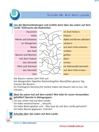 Le ktion
8 Stunde 88. Auf dem Lande
3 Lies die Wortverbindungen und erzähle dann über das Leben auf dem
Lande. Gebrauche die Redemittel.
Haustiere im Stall füttern
Kühe füttern
Pferde und Schweine Äpfel und Birnen pflücken
im Obstgarten säubern
Beete auf dem Feld arbeiten
den Stall melken
Bäume und Blumen gießen
mit dem Traktor jäten
das Getreide ernten
Obst und Gemüse im Hühnerstall sammeln
das Getreide auf dem Feld ernten
Eier säen
Die Bauern stehen sehr früh auf.
Am Morgen/Am Tage/Am Nachmittag/Am Abend/Den ganzen Tag
müssen die Bauern...
Im Frühling/Im Sommer/Im Herbst haben die Bauern viel zu tun. Sie
müssen...
4 Wart ihr schon mal auf dem Lande? Wie habt ihr euren Verwandten
geholfen? Sprecht in Kleingruppen.
Ich war schon mal auf dem Lande.
Ich habe meinen/meine … besucht.
Ich habe Beete gejätet und... Was hast du auf dem Lande gemacht?
Ich habe Bäume gegossen. Und du?
5 Schreibe über das Leben auf dem Lande.
3
4
5
Lektion 8. Mein Heimatort
182
www.e-ranok.com.ua
 