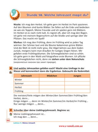 Le ktion
9 Stunde 98. Welche Jahreszeit magst du?
Nicole: Ich mag den Herbst. Ich gehe gern im Herbst im Park spazieren.
Auf den Bäumen sind bunte Blätter. Sie fallen auf die Erde und bedecken
sie wie ein Teppich. Meine Freunde und ich spielen gern mit Blättern.
Im Herbst ist es noch nicht kalt. Es regnet oft, aber ich mag den Regen.
Ich gehe mit meinem Regenschirm auf die Straße und springe über die
Pfützen. Das macht mir Spaß!
Markus: Ich mag den Frühling, denn im Frühling wird es jeden Tag
wärmer. Der Schnee taut und die Bäume bekommen grüne Blätter.
Und die Welt ist nicht mehr grau. Die Vögel kehren aus dem Süden
zurück, morgens kann man draußen ihr lustiges Singen hören. Mir
gefallen erste Frühlingsblumen. Die Schneeglöckchen sind so schön.
Ich gehe gern in den Wald und fotografiere erste Blumen. Ich pflücke
die Schneeglöckchen nicht, denn sie stehen unter dem Naturschutz
(охороняються законом про захист природи).
6 Und welche Jahreszeiten gefallen euch? Macht eine Umfrage in der
Klasse und kommentiert dann die Ergebnisse. Gebraucht die Redemittel.
Jahreszeit Mädchen Jungen
Winter
Sommer
Herbst
Frühling
Die meisten/Viele mögen den Winter/den Sommer/den Frühling/den
Herbst, denn…
Einige mögen …, denn im Winter/im Sommer/im Herbst/im Frühling…
Nur wenige mögen …, denn…
7 Schreibe über deine Lieblingsjahreszeit. Beginne so:
Meine Lieblingsjahreszeit ist…
Ich mag den …, denn…
6
7
Lektion 9. Meine Umwelt
202
www.e-ranok.com.ua
 