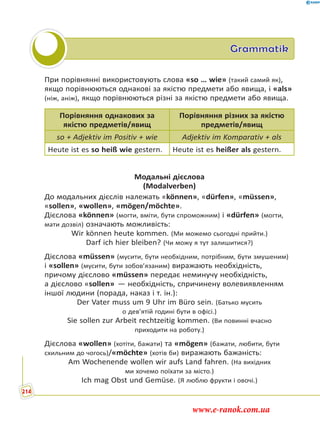 Grammatik
При порівнянні використовують слова «so … wie» (такий самий як),
якщо порівнюються однакові за якістю предмети або явища, і «als»
(ніж, аніж), якщо порівнюються різні за якістю предмети або явища.
Порівняння однакових за
якістю предметів/явищ
Порівняння різних за якістю
предметів/явищ
so + Adjektiv im Positiv + wie Adjektiv im Komparativ + als
Heute ist es so heiß wie gestern. Heute ist es heißer als gestern.
Модальні дієслова
(Modalverben)
До модальних дієслів належать «können», «dürfen», «müssen»,
«sollen», «wollen», «mögen/möchte».
Дієслова «können» (могти, вміти, бути спроможним) і «dürfen» (могти,
мати дозвіл) означають можливість:
Wir können heute kommen. (Ми можемо сьогодні прийти.)
Darf ich hier bleiben? (Чи можу я тут залишитися?)
Дієслова «müssen» (мусити, бути необхідним, потрібним, бути змушеним)
і «sollen» (мусити, бути зобов’язаним) виражають необхідність,
причому дієслово «müssen» передає неминучу необхідність,
а дієслово «sollen»  — необхідність, спричинену волевиявленням
іншої людини (порада, наказ і т. ін.):
Der Vater muss um 9 Uhr im Büro sein. (Батько мусить
о дев’ятій годині бути в офісі.)
Sie sollen zur Arbeit rechtzeitig kommen. (Ви повинні вчасно
приходити на роботу.)
Дієслова «wollen» (хотіти, бажати) та «mögen» (бажати, любити, бути
схильним до чогось)/«möchte» (хотів би) виражають бажаність:
Am Wochenende wollen wir aufs Land fahren. (На вихідних
ми хочемо поїхати за місто.)
Ich mag Obst und Gemüse. (Я люблю фрукти і овочі.)
214
www.e-ranok.com.ua
 