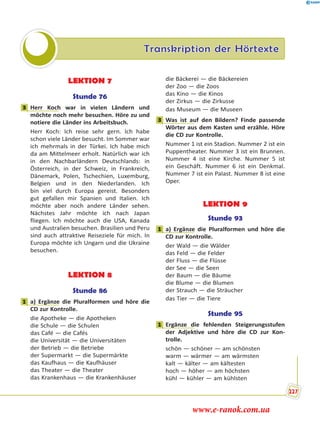 Transkription der Hörtexte
LEKTION 7
Stunde 76
3 Herr Koch war in vielen Ländern und
möchte noch mehr besuchen. Höre zu und
notiere die Länder ins Arbeitsbuch.
Herr Koch: Ich reise sehr gern. Ich habe
schon viele Länder besucht. Im Sommer war
ich mehrmals in der Türkei. Ich habe mich
da am Mittelmeer erholt. Natürlich war ich
in den Nachbarländern Deutschlands: in
Österreich, in der Schweiz, in Frankreich,
Dänemark, Polen, Tschechien, Luxemburg,
Belgien und in den Niederlanden. Ich
bin viel durch Europa gereist. Besonders
gut gefallen mir Spanien und Italien. Ich
möchte aber noch andere Länder sehen.
Nächstes Jahr möchte ich nach Japan
fliegen. Ich möchte auch die USA, Kanada
und Australien besuchen. Brasilien und Peru
sind auch attraktive Reiseziele für mich. In
Europa möchte ich Ungarn und die Ukraine
besuchen.
LEKTION 8
Stunde 86
1 a) Ergänze die Pluralformen und höre die
CD zur Kontrolle.
die Apotheke — die Apotheken
die Schule — die Schulen
das Café — die Cafés
die Universität — die Universitäten
der Betrieb — die Betriebe
der Supermarkt — die Supermärkte
das Kaufhaus — die Kaufhäuser
das Theater — die Theater
das Krankenhaus — die Krankenhäuser
die Bäckerei — die Bäckereien
der Zoo — die Zoos
das Kino — die Kinos
der Zirkus — die Zirkusse
das Museum — die Museen
3 Was ist auf den Bildern? Finde passende
Wörter aus dem Kasten und erzähle. Höre
die CD zur Kontrolle.
Nummer 1 ist ein Stadion. Nummer 2 ist ein
Puppentheater. Nummer 3 ist ein Brunnen.
Nummer 4 ist eine Kirche. Nummer 5 ist
ein Geschäft. Nummer 6 ist ein Denkmal.
Nummer 7 ist ein Palast. Nummer 8 ist eine
Oper.
LEKTION 9
Stunde 93
1 a) Ergänze die Pluralformen und höre die
CD zur Kontrolle.
der Wald — die Wälder
das Feld — die Felder
der Fluss — die Flüsse
der See — die Seen
der Baum — die Bäume
die Blume — die Blumen
der Strauch — die Sträucher
das Tier — die Tiere
Stunde 95
1 Ergänze die fehlenden Steigerungsstufen
der Adjektive und höre die CD zur Kon-
trolle.
schön — schöner — am schönsten
warm — wärmer — am wärmsten
kalt — kälter — am kältesten
hoch — höher — am höchsten
kühl — kühler — am kühlsten
3
1
3
1
1
227
www.e-ranok.com.ua
 
