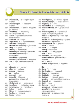 Deutsch-Ukrainisches Wörterverzeichnis
der Einkaufskorb, -¨-e — корзина для
покупок
der Einkaufswagen, - — візок для
покупок
der Einkaufszettel, - — список продуктів
для покупки
der Einwohner, - — мешканець
das Eis — морозиво; лід
das Eisbein — тушкована/смажена
свиняча ніжка
das Enkelkind, -er — внук
das Erdgeschoss, -e — перший поверх
die Erdkunde — географія
erfahren (hat erfahren) — дізнатися
der Erfolg, -e — успіх
die Erholung — відпочинок
erkennen (hat erkannt) — упізнати
erwachen (ist erwacht) —
прокидатися
erwachsen — дорослий
erwarten (hat erwartet) — очікувати
der Euro — євро (грошова одиниця)
Ff
die Fahrkarte, -n — квиток
die Fahrt, -en — поїздка
der Fasching — Масляна
fast — майже
die Fastenzeit — піст
die Fastnacht — Масляна
faulenzen (hat gefaulenzt) —
байдикувати
die Feierlichkeit, -en — святкування
das Ferienlager, - — табір відпочинку
der Fernsehturm, -¨-e — телебашта
der Fischer, - — рибак
die Fläche, -n — площа, площина
die Flasche, -n — пляшка
das Fleisch — м’ясо
das Fleischgericht, -e — м’ясна страва
die Fleischwaren (Pl.) — м’ясні вироби
das Flugzeug, -e — літак
das Fotomodell, -e — фотомодель
die Freizeitaktivität, -en — дії у вільний
час
das Freizeitangebot, -e — пропозиції
щодо проведення дозвілля
fressen (hat gefressen) — їсти (про
тварин)
freuen, sich (hat sich gefreut) — радіти
freundlich — приязний
die Freundschaft, -en — дружба
frisch — свіжий
der Frost, -¨-e — мороз
frostig — морозний
die Frucht, -¨-e — плід; фрукт
früh — рано
das Frühstück, -e — сніданок
frühstücken (hat gefrühstückt) —
снідати
für — для, за
füttern (hat gefüttert) — годувати
Gg
die Gans, -¨-e — гуска
die Garderobe, -n — гардероб
die Gasse, -n — провулок
das Gebäude, - — споруда
das Gebirge, - — гірський масив
geblümt — квітчастий (про тканину)
die Gegend, -en — місцевість
das Geld — гроші
das Gemüse — овочі
gemustert — візерунковий
genießen (hat genossen) —
насолоджуватися
gepunktet — у горошок (про
тканину)
231
www.e-ranok.com.ua
 