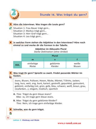 Le k
tion
2 Stunde 14. Was trägst du gern?
3 Höre die Interviews. Was tragen die Leute gern?
Situation 1: Frau Bauer trägt gern…
Situation 2: Markus trägt gern…
Situation 3: Herr Graf trägt gern…
Situation 4: Lea trägt gern…
4 In welcher Form stehen die Adjektive in den Interviews? Höre noch
einmal zu und merke dir die Formen in der Tabelle.
Adjektive im Akkusativ Plural
Starke Deklination (ohne Artikel)
Plural
m n f
Akk.
einfarbige
Röcke
geblümte
Kleider
weiße
Blusen
5 Was tragt ihr gern? Sprecht zu zweit. Findet passende Wörter im
Kasten.
Jeans, Blusen, Pullover, Hosen, Röcke, Mäntel, T-Shirts, Jacken;
lang, kurz, weit, eng, bunt, kariert, gestreift, gepunktet, gemustert,
geblümt, einfarbig (rot, grün, gelb, blau, schwarz, weiß, braun, grau,
rosafarben…), elegant, modisch, sportlich
A. Tina: Trägst du gern blaue Jeans?
Max: Ja, ich trage gern blaue Jeans.
B. Max: Trägst du gern geblümte Kleider?
Tina: Nein, ich trage gern einfarbige Kleider.
6 Schreibe, was du gern trägst.
3
4
5
6
Lektion 2. Kleidung und Mode
32
www.e-ranok.com.ua
 