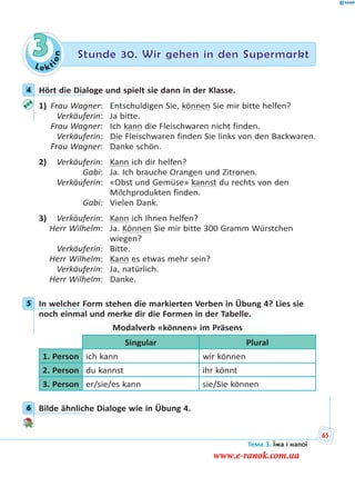 Le kt
ion
3 Stunde 30. Wir gehen in den Supermarkt
4 Hört die Dialoge und spielt sie dann in der Klasse.
1) Frau Wagner: Entschuldigen Sie, können Sie mir bitte helfen?
Verkäuferin: Ja bitte.
Frau Wagner: Ich kann die Fleischwaren nicht finden.
Verkäuferin: Die Fleischwaren finden Sie links von den Backwaren.
Frau Wagner: Danke schön.
2) Verkäuferin: Kann ich dir helfen?
Gabi: Ja. Ich brauche Orangen und Zitronen.
Verkäuferin: «Obst und Gemüse» kannst du rechts von den
Milchprodukten finden.
Gabi: Vielen Dank.
3) Verkäuferin: Kann ich Ihnen helfen?
Herr Wilhelm: Ja. Können Sie mir bitte 300 Gramm Würstchen
wiegen?
Verkäuferin: Bitte.
Herr Wilhelm: Kann es etwas mehr sein?
Verkäuferin: Ja, natürlich.
Herr Wilhelm: Danke.
5 In welcher Form stehen die markierten Verben in Übung 4? Lies sie
noch einmal und merke dir die Formen in der Tabelle.
Modalverb «können» im Präsens
Singular Plural
1. Person ich kann wir können
2. Person du kannst ihr könnt
3. Person er/sie/es kann sie/Sie können
6 Bilde ähnliche Dialoge wie in Übung 4.
4
5
6
Тема 3. Їжа і напої
65
www.e-ranok.com.ua
 