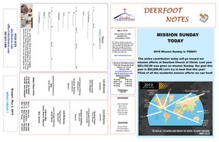 DEERFOOTDEERFOOTDEERFOOTDEERFOOT
NOTESNOTESNOTESNOTES
May 5, 2019
GreetersMay5,2019
IMPACTGROUP1
WELCOME TO THE
DEERFOOT
CONGREGATION
We want to extend a warm wel-
come to any guests that have come
our way today. We hope that you
enjoy our worship. If you have
any thoughts or questions about
any part of our services, feel free
to contact the elders at:
elders@deerfootcoc.com
CHURCH INFORMATION
5348 Old Springville Road
Pinson, AL 35126
205-833-1400
www.deerfootcoc.com
office@deerfootcoc.com
SERVICE TIMES
Sundays:
Worship 8:00 AM
Bible Class 9:30 AM
Worship 10:30 AM
Worship 5:00 PM
Wednesdays:
7:00 PM
SHEPHERDS
John Gallagher
Rick Glass
Sol Godwin
Skip McCurry
Doug Scruggs
Darnell Self
MINISTERS
Richard Harp
Tim Shoemaker
Johnathan Johnson
Share
Scripture:Galatians6:6-10
1.S___________theG______________N_____________
1Corinthians___:___;___-___
Acts___:___-___
2.S______________withT_________whoS________________the
G____________
N________________
Acts___:___-___
Galatians___:___-___
3.S_____________B_____________theG__________N_________
WasS___________
WithY__________.
1Corinthians___:___-___
10:30AMService
Welcome
OpeningPrayer
DavidDangar
LordSupper/Offering
MiltonChandler
ScriptureReading
BobCarter
Sermon
————————————————————
5:00PMService
OpeningPrayer
BobKeith
Lord’sSupper/Offering
AncelNorris
DOMforMay
Dykes,Malone,Maynard
BusDrivers
May5ButchKey790-3396
May12DavidSkelton541-5226
MAY19MarkAdkinson790-8034
May26DonYoung441-6321
WEBSITE
deerfootcoc.com
office@deerfootcoc.com
205-833-1400
8:00AMService
Welcome
OpeningPrayer
JohnGallagher
LordSupper/Offering
BobbyGunn
ScriptureReading
DavidGilmore
Sermon
BaptismalGarmentsfor
May
EmilyWilson
MISSION SUNDAY
TODAY
2019 Mission Sunday is TODAY!
The entire contribution today will go toward our
mission efforts at Deerfoot Church of Christ. Last year
$83,152.00 was given on mission Sunday. Our goal this
year is $93,500.00 Let’s try to beat that this year!
Think of all the wonderful mission efforts we can fund!
EldersDownFront
8:00AMSolGodwin
10:30AMRickGlass
5:00PMJohnGallagher
Ourweeklyshow,Plant&Water,isnowavailable.
YoucanwatchRichardandJohnathaneveryWednes-
dayonourChurchofChristFacebookpage.Youcan
watchorlistentotheshowonyoursmartphone,tab-
 