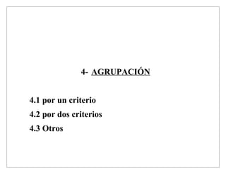 4- AGRUPACIÓN


4.1 por un criterio
4.2 por dos criterios
4.3 Otros
 