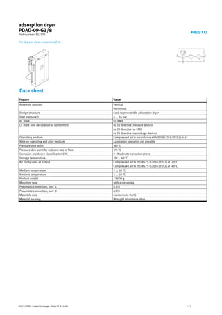 adsorption dryer
PDAD-09-G3/8
Part number: 552170
1 / 1
03/11/2020 – Subject to change – Festo SE & Co. KG
For dry and clean compressed air.
Data sheet
Feature Value
Assembly position Vertical
Horizontal
Design structure Cold-regeneratable adsorption dryer
Inlet pressure 1 4 ... 16 bar
KC mark KC-EMV
CE mark (see declaration of conformity) to EU directive pressure devices
to EU directive for EMC
to EU directive low-voltage devices
Operating medium Compressed air in accordance with ISO8573-1:2010 [6:4:4]
Note on operating and pilot medium Lubricated operation not possible
Pressure dew point -40 °C
Pressure dew point for reduced rate of flow -70 °C
Corrosion resistance classification CRC 2 - Moderate corrosion stress
Storage temperature -20 ... 60 °C
Air purity class at output Compressed air to ISO 8573-1:2010 [2:1:2] at -70°C
Compressed air to ISO 8573-1:2010 [2:2:2] at -40°C
Medium temperature 2 ... 50 °C
Ambient temperature 5 ... 50 °C
Product weight 13,000 g
Mounting type with accessories
Pneumatic connection, port 1 G3/8
Pneumatic connection, port 2 G3/8
Materials note Conforms to RoHS
Material housing Wrought Aluminium alloy
 