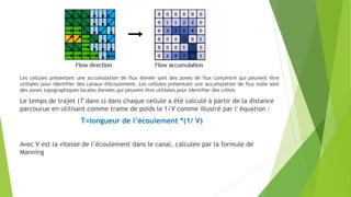 Les cellules présentant une accumulation de flux élevée sont des zones de flux concentré qui peuvent être
utilisées pour identifier des canaux d'écoulement. Les cellules présentant une accumulation de flux nulle sont
des zones topographiques locales élevées qui peuvent être utilisées pour identifier des crêtes
Le temps de trajet (T dans s) dans chaque cellule a été calculé à partir de la distance
parcourue en utilisant comme trame de poids le 1/V comme illustré par l' équation :
T=longueur de l’écoulement *(1/ V)
Avec V est la vitesse de l’écoulement dans le canal, calculée par la formule de
Manning
 