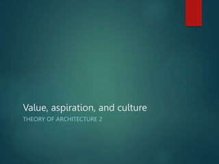 Value, aspiration, and culture
THEORY OF ARCHITECTURE 2
 