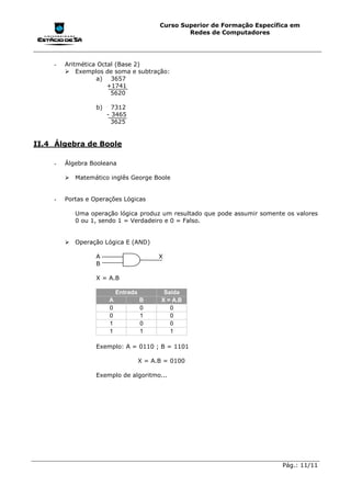 Curso Superior de Formação Específica em
                                                   Redes de Computadores




    -   Aritmética Octal (Base 2)
        !"Exemplos de soma e subtração:
                  a) 3657
                      +1741
                       5620

                  b)     7312
                       - 3465
                         3625


II.4 Álgebra de Boole

    -   Álgebra Booleana

        !"Matemático inglês George Boole


    -   Portas e Operações Lógicas

           Uma operação lógica produz um resultado que pode assumir somente os valores
           0 ou 1, sendo 1 = Verdadeiro e 0 = Falso.


        !"Operação Lógica E (AND)

                  A                        X
                  B

                  X = A.B

                           Entrada           Saída
                       A             B      X = A.B
                       0             0         0
                       0             1         0
                       1             0         0
                       1             1         1

                  Exemplo: A = 0110 ; B = 1101

                                     X = A.B = 0100

                  Exemplo de algoritmo...




                                                                              Pág.: 11/11
 