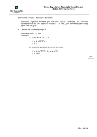 Curso Superior de Formação Específica em
                                           Redes de Computadores




-   Expressões Lógicas – Aplicações de Portas

       Expressão algébrica formada por variáveis lógicas (binárias), por símbolos
       representativos de uma operação lógica (+ . ⊕ etc.), por parênteses (às vezes)
       e por sinal de igual.

    !"Cálculos de Expressões Lógicas

       Prioridade: NÃO E OU
       Exemplos:
                  a) A=1; B=0; C=1; D=1

                     X=A+B.C⊕D
                     X=0

                 b) A=1001; B=0010; C=1110; D=1111

                     X = A ⊕ ( B . C + D) + (B ⊕ D)
                     X = 0110
                                                                                        2h/a




                                                                         Pág.: 14/14
 