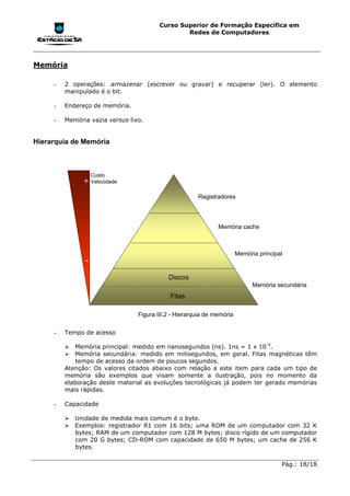 Curso Superior de Formação Específica em
                                                 Redes de Computadores




Memória

     -   2 operações: armazenar (escrever ou gravar) e recuperar (ler). O elemento
         manipulado é o bit.

     -   Endereço de memória.

     -   Memória vazia versus lixo.


Hierarquia de Memória



                   Custo
               + Velocidade
                                                       Registradores




                                                               Memória cache



                                                                        Memória principal
               -

                                            Discos
                                                                              Memória secundária
                                             Fitas

                                 Figura III.2 - Hierarquia de memória

     -   Tempo de acesso

         !"Memória principal: medido em nanosegundos (ns). 1ns = 1 x 10-9.
         !"Memória secundária: medido em milisegundos, em geral. Fitas magnéticas têm
             tempo de acesso da ordem de poucos segundos.
         Atenção: Os valores citados abaixo com relação a este item para cada um tipo de
         memória são exemplos que visam somente a ilustração, pois no momento da
         elaboração deste material as evoluções tecnológicas já podem ter gerado memórias
         mais rápidas.

     -   Capacidade

         !"Unidade de medida mais comum é o byte.
         !"Exemplos: registrador R1 com 16 bits; uma ROM de um computador com 32 K
           bytes; RAM de um computador com 128 M bytes; disco rígido de um computador
           com 20 G bytes; CD-ROM com capacidade de 650 M bytes; um cache de 256 K
           bytes.

                                                                                        Pág.: 18/18
 