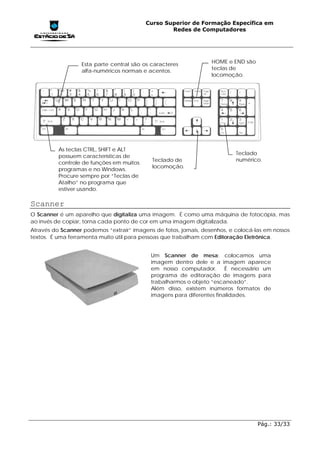 Curso Superior de Formação Específica em
                                                  Redes de Computadores




                  Esta parte central são os caracteres             HOME e END são
                  alfa-numéricos normais e acentos.                teclas de
                                                                   locomoção.




          As teclas CTRL, SHIFT e ALT
                                                                            Teclado
          possuem características de
                                             Teclado de                     numérico.
          controle de funções em muitos
                                             locomoção.
          programas e no Windows.
          Procure sempre por “Teclas de
          Atalho” no programa que
          estiver usando.

Scanner
O Scanner é um aparelho que digitaliza uma imagem. É como uma máquina de fotocópia, mas
ao invés de copiar, torna cada ponto de cor em uma imagem digitalizada.
Através do Scanner podemos “extrair” imagens de fotos, jornais, desenhos, e colocá-las em nossos
textos. É uma ferramenta muito útil para pessoas que trabalham com Editoração Eletrônica.


                                            Um Scanner de mesa: colocamos uma
                                            imagem dentro dele e a imagem aparece
                                            em nosso computador. É necessário um
                                            programa de editoração de imagens para
                                            trabalharmos o objeto “escaneado”.
                                            Além disso, existem inúmeros formatos de
                                            imagens para diferentes finalidades.




                                                                                    Pág.: 33/33
 