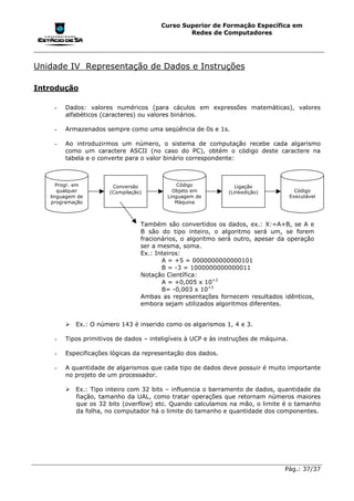 Curso Superior de Formação Específica em
                                               Redes de Computadores




Unidade IV Representação de Dados e Instruções

Introdução

    -   Dados: valores numéricos (para cáculos em expressões matemáticas), valores
        alfabéticos (caracteres) ou valores binários.

    -   Armazenados sempre como uma seqüência de 0s e 1s.

    -   Ao introduzirmos um número, o sistema de computação recebe cada algarismo
        como um caractere ASCII (no caso do PC), obtém o código deste caractere na
        tabela e o converte para o valor binário correspondente:



      Progr. em        Conversão              Código             Ligação
      qualquer        (Compilação)          Objeto em         (Linkedição)             Código
   linguagem de                           Linguagem de                               Executável
   programação                               Máquina



                                 Também são convertidos os dados, ex.: X:=A+B, se A e
                                 B são do tipo inteiro, o algoritmo será um, se forem
                                 fracionários, o algoritmo será outro, apesar da operação
                                 ser a mesma, soma.
                                 Ex.: Inteiros:
                                        A = +5 = 0000000000000101
                                        B = -3 = 1000000000000011
                                 Notação Científica:
                                        A = +0,005 x 10+3
                                        B= -0,003 x 10+3
                                 Ambas as representações fornecem resultados idênticos,
                                 embora sejam utilizados algoritmos diferentes.


        !"Ex.: O número 143 é inserido como os algarismos 1, 4 e 3.

    -   Tipos primitivos de dados – inteligíveis à UCP e às instruções de máquina.

    -   Especificações lógicas da representação dos dados.

    -   A quantidade de algarismos que cada tipo de dados deve possuir é muito importante
        no projeto de um processador.

        !"Ex.: Tipo inteiro com 32 bits – influencia o barramento de dados, quantidade da
          fiação, tamanho da UAL, como tratar operações que retornam números maiores
          que os 32 bits (overflow) etc. Quando calculamos na mão, o limite é o tamanho
          da folha, no computador há o limite do tamanho e quantidade dos componentes.




                                                                                 Pág.: 37/37
 