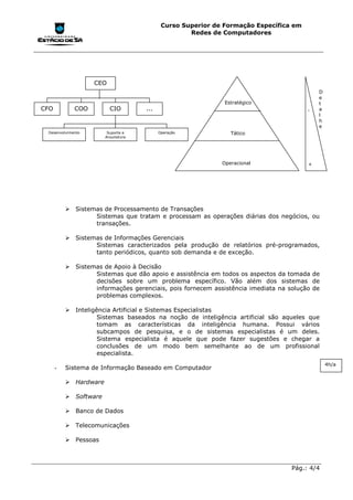 Curso Superior de Formação Específica em
                                                    Redes de Computadores




                   CEO
                                                                                           D
                                                                                           e
                                                              Estratégico                  t
CFO          COO         CIO         ...                                               -   a
                                                                                           l
                                                                                           h
                                                                                           e
 Desenvolvimento        Suporte e          Operação             Tático
                       Arquitetura




                                                             Operacional               +




          !"Sistemas de Processamento de Transações
                  Sistemas que tratam e processam as operações diárias dos negócios, ou
                  transações.

          !"Sistemas de Informações Gerenciais
                  Sistemas caracterizados pela produção de relatórios pré-programados,
                  tanto periódicos, quanto sob demanda e de exceção.

          !"Sistemas de Apoio à Decisão
                  Sistemas que dão apoio e assistência em todos os aspectos da tomada de
                  decisões sobre um problema específico. Vão além dos sistemas de
                  informações gerenciais, pois fornecem assistência imediata na solução de
                  problemas complexos.

          !"Inteligência Artificial e Sistemas Especialistas
                    Sistemas baseados na noção de inteligência artificial são aqueles que
                    tomam as características da inteligência humana. Possui vários
                    subcampos de pesquisa, e o de sistemas especialistas é um deles.
                    Sistema especialista é aquele que pode fazer sugestões e chegar a
                    conclusões de um modo bem semelhante ao de um profissional
                    especialista.
                                                                                               4h/a
      -   Sistema de Informação Baseado em Computador

          !"Hardware

          !"Software

          !"Banco de Dados

          !"Telecomunicações

          !"Pessoas



                                                                                 Pág.: 4/4
 