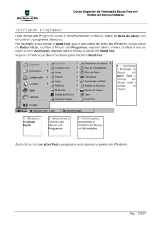 Curso Superior de Formação Específica em
                                                 Redes de Computadores




Iniciando Programas
Para iniciar um Programa basta ir movimentando o mouse sobre os Itens de Menu até
encontrar o programa desejado.
Por exemplo, para iniciar o Word Pad, que é um editor de texto do Windows, basta clicar
no Botão Iniciar, deslizar o Mouse até Programas, esperar abrir o menu, deslizar o mouse
sobre o item Acessórios, esperar abrir o menu, e clicar em Word Pad.
Veja o caminho que devemos fazer para iniciar o Word Pad:


                                                                    4 - Descemos
                                                                    o Ponteiro do
                                                                    Mouse     até
                                                                    Word Pad e
                                                                    damos      um
                                                                    clique com o
                                                                    botão      do
                                                                    mouse.




     1 - Clicamos     2 - Arrastamos o     3 - Continuamos
     no Botão         Ponteiro do          arrastando o
     Iniciar.         Mouse até            Ponteiro do Mouse
                      Programas.           até Acessórios.




Após clicarmos em Word Pad o programa será aberto na janela do Windows:




                                                                             Pág.: 57/57
 