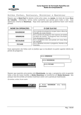 Curso Superior de Formação Específica em
                                              Redes de Computadores




Botões Fechar, Restaurar, Minimizar e Maximizar
Repare que o Word Pad foi aberto como uma caixa, ou Janela, no meio de nossa Área
de Trabalho. Entretanto, temos como aumentar sua janela para toda a tela. Essa
operação chama-se Maximizar. Veja estas operações que podemos fazer com nossas
janelas:


   NOME DA OPERAÇÃO:                           O QUE ELA FAZ:
                                 Faz a janela do programa ocupar toda a Área de
           MAXIMIZAR             Trabalho de nosso monitor
                                 Faz a janela do programa virar apenas um botão
           MINIMIZAR             na Barra de Tarefas. O programa não é fechado,
                                 mas desaparece da tela.
                                 Faz o programa virar uma janela em nossa Área
           RESTAURAR             de Trabalho
                                 Faz o Windows encerrar o programa, tirando-o da
             FECHAR              memória.

Essas operações são feitas com os botões que se localizam na parte superior direita da
janela do programa:


                                           Botão MINIMIZAR.


                                             Botão MAXIMIZAR.


                                               Botão FECHAR.




Repare que quando uma janela está Maximizada, ou seja, o programa está ocupando
toda a tela de nosso monitor, o Botão Maximizar se transforma em Botão Restaurar. Isto
porque não há sentido um botão maximizar existir com a janela já maximizada.
Os botões, então, ficam assim:


                                         O Botão MAXIMIZAR       virou   Botão
                                         RESTAURAR.




                                                                             Pág.: 59/59
 