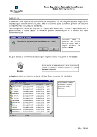 Curso Superior de Formação Específica em
                                                 Redes de Computadores




Lixeira
A Lixeira é uma espécie de armazenador temporário de reciclagem de seus arquivos ou
objetos que tenham sido excluídos. Ela é excelente para evitarmos perder um arquivo
que tenhamos excluído por acidente.
Sempre que excluímos um arquivo ou objeto, selecionando-o com um clique do mouse e
pressionando a tecla DELETE, o Windows pedirá confirmação se é mesmo isso que
queremos fazer:


                                                              Clicando     com   o
                                                              ponteiro do mouse
                                                              sobre o botão Sim, o
                                                              objeto excluído irá
                                                              para a Lixeira.




Se, por acaso, o tenhamos excluído por engano, basta recuperá-lo na Lixeira:



                                      Para ativar a Lixeira basta clicar duas vezes
                                      com o ponteiro do mouse sobre seu ícone na
                                      Área de Trabalho.



A Lixeira mostra os arquivos, o local original deles e a data da exclusão:


                                                         Procure nesta lista o
                                                         arquivo ou objeto
                                                         que você tenha
                                                         excluído.




                                                                                  Pág.: 62/62
 
