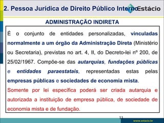 11
É o conjunto de entidades personalizadas, vinculadas
normalmente a um órgão da Administração Direta (Ministério
ou Secretaria), previstas no art. 4, II, do Decreto-lei nº 200, de
25/02/1967. Compõe-se das autarquias, fundações públicas
e entidades paraestatais, representadas estas pelas
empresas públicas e sociedades de economia mista.
Somente por lei específica poderá ser criada autarquia e
autorizada a instituição de empresa pública, de sociedade de
economia mista e de fundação.
ADMINISTRAÇÃO INDIRETA
2. Pessoa Jurídica de Direito Público Interno
 