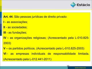 17
Art. 44. São pessoas jurídicas de direito privado:
I - as associações;
II - as sociedades;
III - as fundações;
IV – as organizações religiosas; (Acrescentado pela L-010.825-
2003)
V – os partidos políticos. (Acrescentado pela L-010.825-2003)
VI - as empresas individuais de responsabilidade limitada.
(Acrescentado pela L-012.441-2011)
 