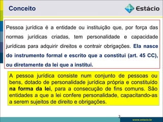 Pessoa jurídica é a entidade ou instituição que, por força das
normas jurídicas criadas, tem personalidade e capacidade
jurídicas para adquirir direitos e contrair obrigações. Ela nasce
do instrumento formal e escrito que a constitui (art. 45 CC),
ou diretamente da lei que a institui.
Conceito
2
A pessoa jurídica consiste num conjunto de pessoas ou
bens, dotado de personalidade jurídica própria e constituído
na forma da lei, para a consecução de fins comuns. São
entidades a que a lei confere personalidade, capacitando-as
a serem sujeitos de direito e obrigações.
 