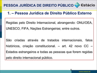 PESSOA JURÍDICA DE DIREITO PÚBLICO
Regidas pelo Direito Internacional, abrangendo: ONU/OEA,
UNESCO, FIFA, Nações Estrangeiras; entre outros.
São criadas através de tratados internacionais, fatos
históricos, criação constitucional. – art. 42 novo CC –
Estados estrangeiros e todas as pessoas que forem regidas
pelo direito internacional público.
8
1. – Pessoa Jurídica de Direito Público Externo
 