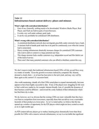 Table 2.2
Infrastructure-based content delivery: pluses and minuses
What’s right with centralized distribution?
_ Ease of use. Generally, nothing needs to be downloaded. Windows Media Player, Real
Player, and Flash are built-in parts of most browsers.
__ It works very well under ordinary peak loads.
__ It can be very profitable for centralized CDN distributors.
What’s wrong with centralized distribution?
_ A centralized distribution network does not degrade gracefully under extremely heavy loads.
_ A structure built to handle peak loads has to be paid for continuously even when the current
load is nonexistent.
_ Heavy existing infrastructure drastically increases charges for centralized CDN customers
who want to deliver content to a large potential user base.
_ This charge structure locks smaller customers (e.g. independent record and film labels) out
of this kind of service.
_ There aren’t that many potential customers who can afford to distribute content this way.
We don’t mean to imply that traditional infrastructure-based CDNs will dry up and blow away
in a matter of months. Given the growth in revenues realized by companies like Akamai,
demand is clearly there -- or at least has been prior to the tech crash, and may very well be
there again as the current U.S. recession heals.
Also worth mentioning, virtually all of the CDNs noted plans to expand internationally, but none
appears to have been highly successful to date. If any of the players now struggling for life were
to find a solid new market in, for example, Internet-friendly Asia, it’s possible the dynamics of
their business could be different -- and reward the costly buildout of their infrastructure which
has bled them dry to date.
We do, however, see it as obvious that the existing CDNs are more vulnerable than they have
ever been to competition from newcomers, especially those that can deliver even a reasonable
facsimile of their product at a lower price. As we’ve noted earlier, we believe that this has
opened up a window of opportunity for the P2P players which might not have existed so much
as six to eight months ago.
As P2P content delivery players go to market, boasting prices dramatically lower than those
possible for CDNs with a massive network infrastructure, we see it as inevitable that significant
 