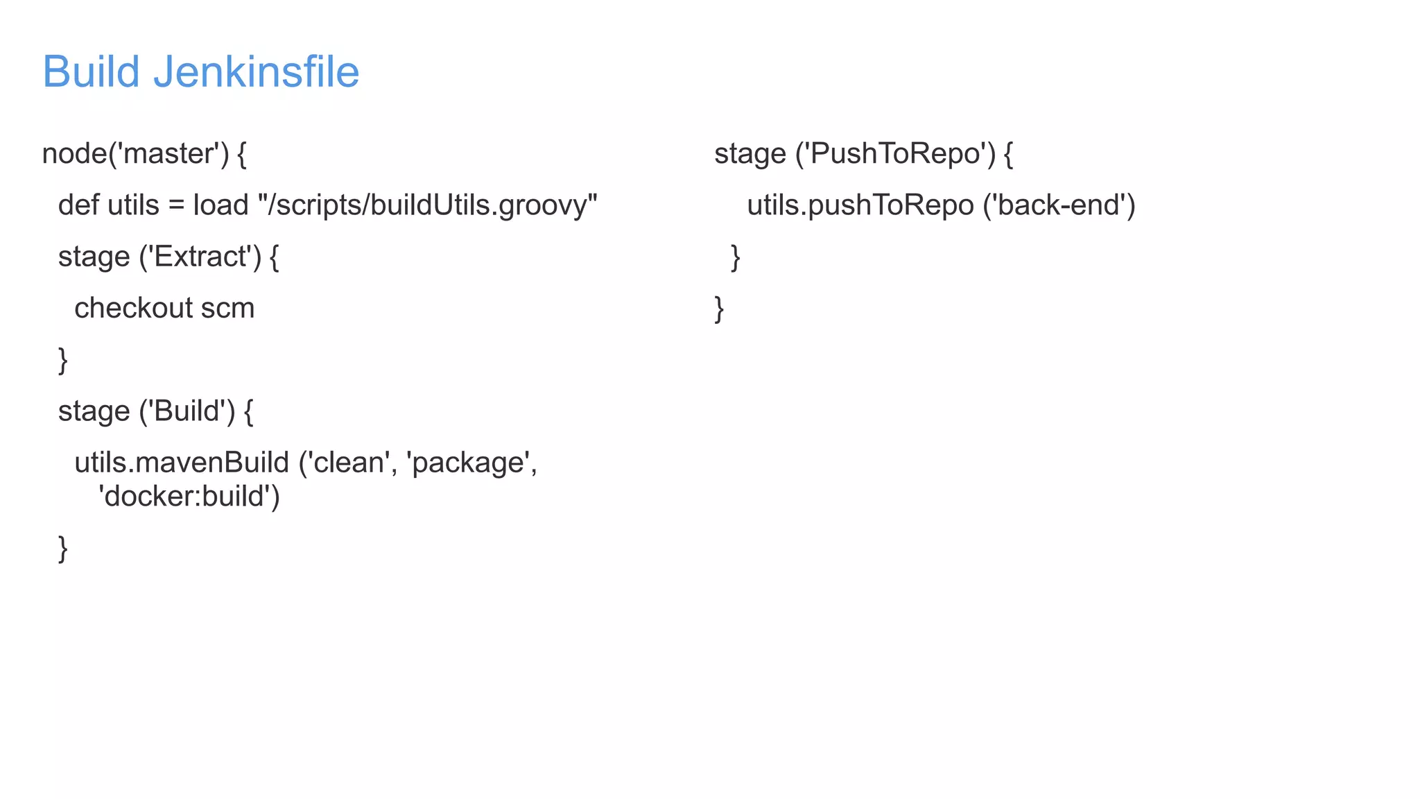 Build Jenkinsfile
node('master') {
def utils = load "/scripts/buildUtils.groovy"
stage ('Extract') {
checkout scm
}
stage ('Build') {
utils.mavenBuild ('clean', 'package',
'docker:build')
}
stage ('PushToRepo') {
utils.pushToRepo ('back-end')
}
}
 