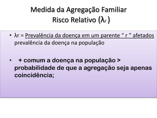 Medida da Agregação Familiar
Risco Relativo (λr )
• λr = Prevalência da doença em um parente “ r ” afetados
prevalência da doença na população
• + comum a doença na população >
probabilidade de que a agregação seja apenas
coincidência;
 