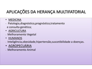 APLICAÇÕES DA HERANÇA MULTIFATORIAL
• MEDICINA
- Patologia,diagnóstico,prognóstico,tratamento
e consulta genética;
• AGRICULTURA
- Melhoramento Vegetal
• HUMANOS
- Inteligência,obesidade,hipertensão,suscetibilidade a doenças.
• AGROPECUÁRIA
- Melhoramento Animal
 
