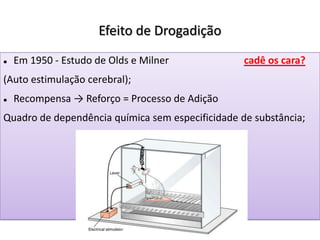  Em 1950 - Estudo de Olds e Milner cadê os cara?
(Auto estimulação cerebral);
 Recompensa → Reforço = Processo de Adição
Quadro de dependência química sem especificidade de substância;
Efeito de Drogadição
 