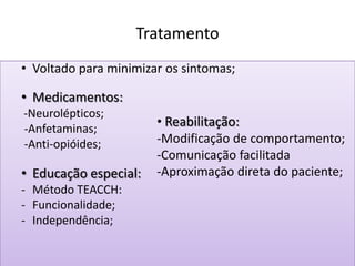 Tratamento
• Voltado para minimizar os sintomas;
• Medicamentos:
-Neurolépticos;
-Anfetaminas;
-Anti-opióides;
• Educação especial:
- Método TEACCH:
- Funcionalidade;
- Independência;
• Reabilitação:
-Modificação de comportamento;
-Comunicação facilitada
-Aproximação direta do paciente;
 