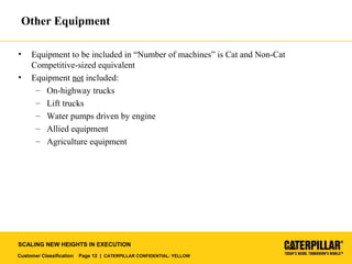 Customer Classification Page 12 | CATERPILLAR CONFIDENTIAL: YELLOW
SCALING NEW HEIGHTS IN EXECUTION
Other Equipment
• Equipment to be included in “Number of machines” is Cat and Non-Cat
Competitive-sized equivalent
• Equipment not included:
– On-highway trucks
– Lift trucks
– Water pumps driven by engine
– Allied equipment
– Agriculture equipment
 