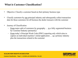 Customer Classification Page 2 | CATERPILLAR CONFIDENTIAL: YELLOW
SCALING NEW HEIGHTS IN EXECUTION
What is Customer Classification?
• Objective: Classify a customer based on their primary business type
• Classify customers by one principal industry and subsequently collect transaction
data for those customers for all business the dealer transacts with the customer
• Journey of Classification
– From major split of customers by geography … to a fully segmented business
by Customer Industry (primarily)
– From today’s Principal Work Code (PWC) reporting only which aims to
capture an individual machine’s initial application … to a primary industry
plus the transactions related to the customer
 