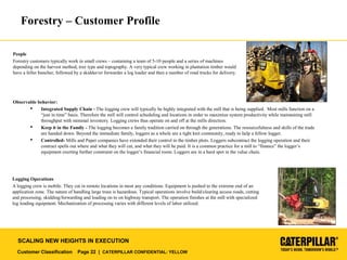 Customer Classification Page 22 | CATERPILLAR CONFIDENTIAL: YELLOW
SCALING NEW HEIGHTS IN EXECUTION
Forestry – Customer Profile
People
Forestry customers typically work in small crews – containing a team of 5-10 people and a series of machines
depending on the harvest method, tree type and topography. A very typical crew working in plantation timber would
have a feller buncher, followed by a skidder/or forwarder a log loader and then a number of road trucks for delivery.
Observable behavior:
 Integrated Supply Chain - The logging crew will typically be highly integrated with the mill that is being supplied. Most mills function on a
“just in time” basis. Therefore the mill will control scheduling and locations in order to maximize system productivity while maintaining mill
throughput with minimal inventory. Logging crews thus operate on and off at the mills direction.
 Keep it in the Family - The logging becomes a family tradition carried on through the generations. The resourcefulness and skills of the trade
are handed down. Beyond the immediate family, loggers as a whole are a tight knit community, ready to help a fellow logger.
 Controlled- Mills and Paper companies have extended their control to the timber plots. Loggers subcontract the logging operation and their
contract spells out where and what they will cut, and what they will be paid. It is a common practice for a mill to “finance” the logger’s
equipment exerting further constraint on the logger’s financial room. Loggers are in a hard spot in the value chain.
Logging Operations
A logging crew is mobile. They cut in remote locations in most any conditions. Equipment is pushed to the extreme end of an
application zone. The nature of handling large trees is hazardous. Typical operations involve build/clearing access roads, cutting
and processing, skidding/forwarding and loading on to on highway transport. The operation finishes at the mill with specialized
log loading equipment. Mechanization of processing varies with different levels of labor utilized.
 