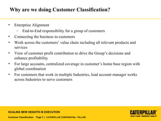 Customer Classification Page 3 | CATERPILLAR CONFIDENTIAL: YELLOW
SCALING NEW HEIGHTS IN EXECUTION
Why are we doing Customer Classification?
• Enterprise Alignment
– End-to-End responsibility for a group of customers
• Connecting the business to customers
• Work across the customers’ value chain including all relevant products and
services
• View of customer profit contribution to drive the Group’s decisions and
enhance profitability
• For large accounts, centralized coverage in customer’s home base region with
global coordination
• For customers that work in multiple Industries, lead account manager works
across Industries to serve customers
 