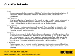 Customer Classification Page 8 | CATERPILLAR CONFIDENTIAL: YELLOW
SCALING NEW HEIGHTS IN EXECUTION
Caterpillar Industries
• Pipeline
– Contractors engaged in the construction of Mainline Pipeline projects which includes all phases of
construction and major maintenance of mainline pipelines used for the transmission of all
commodities.
• Local Contractor
– Local/regional territory of operation, cash-flow sensitive, typically working as a sub-contractor or on
small projects, typically operating smaller machines (below 20t), typically <10 employees and
typically <10 machines in developed countries and <4 in developing countries.
• Large Contractor
– Traditional heavy construction contractors who generally focus on multiple sub-industries, utilize
core Caterpillar machines, typically have more than 11 employees, and who do business locally,
regionally, nationally and internationally.
• Agriculture
– Contains those customers in food production. Segments of agriculture include beef producers, dairy
producers, poultry producers and pork producers in animal production. In crop and plant production
you will have customers who grow and produce corn, soybeans, wheat, fruits and vegetables. In
addition you will have companies that provide support to these producers providing the inputs for
their operations. Examples to include fertilizer companies, feed companies, etc.
• Governmental
– Federal, state and local governments including counties, townships, municipalities, public utilities,
special authorities (airports), not-for-profits, port authorities and aboriginal groups (Native American,
Inuit etc.).
 