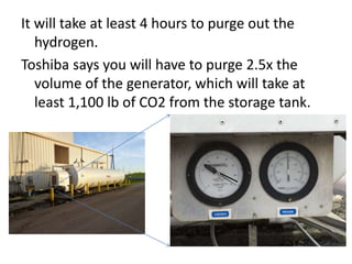 It will take at least 4 hours to purge out the
hydrogen.
Toshiba says you will have to purge 2.5x the
volume of the generator, which will take at
least 1,100 lb of CO2 from the storage tank.
 