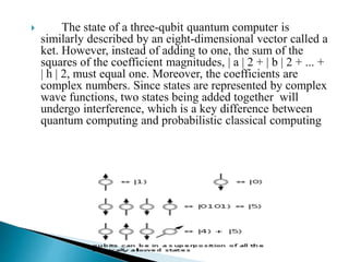  The state of a three-qubit quantum computer is
similarly described by an eight-dimensional vector called a
ket. However, instead of adding to one, the sum of the
squares of the coefficient magnitudes, | a | 2 + | b | 2 + ... +
| h | 2, must equal one. Moreover, the coefficients are
complex numbers. Since states are represented by complex
wave functions, two states being added together will
undergo interference, which is a key difference between
quantum computing and probabilistic classical computing
 