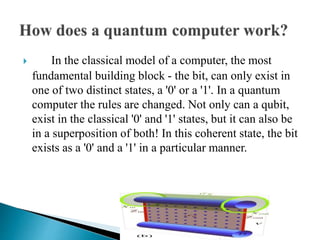  In the classical model of a computer, the most
fundamental building block - the bit, can only exist in
one of two distinct states, a '0' or a '1'. In a quantum
computer the rules are changed. Not only can a qubit,
exist in the classical '0' and '1' states, but it can also be
in a superposition of both! In this coherent state, the bit
exists as a '0' and a '1' in a particular manner.
 