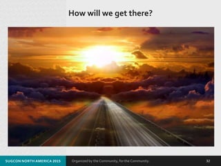 Organized by the Community, for the Community.SUGCON NORTH AMERICA 2015 32
How will we get there?
 