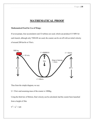 P a g e | 28
MATHEMATICAL PROOF
Mathematical Proof for Use of Wings:
If seven pumps, four accumulators and 32 turbines are used, which can produce15.5 MW for
each launch, although only 7500 kW are used, the coaster can be set off with an initial velocity
of around 200 km/hr or 55m/s.
Thus from the simple diagram, we see:
U= 55m/s and assuming mass of the coaster is 1000kg,
Using the third law of Motion, final velocity can be calculated, had the coaster been launched
from a height of 30m
V2
= u2
+ 2aS
 