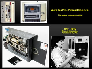 A era dos PC – Personal Computer
Fita cassete para guardar dados.
1967 - 1980
Disco de 8 polegadas.
Armazenava 79,7 KB.
 