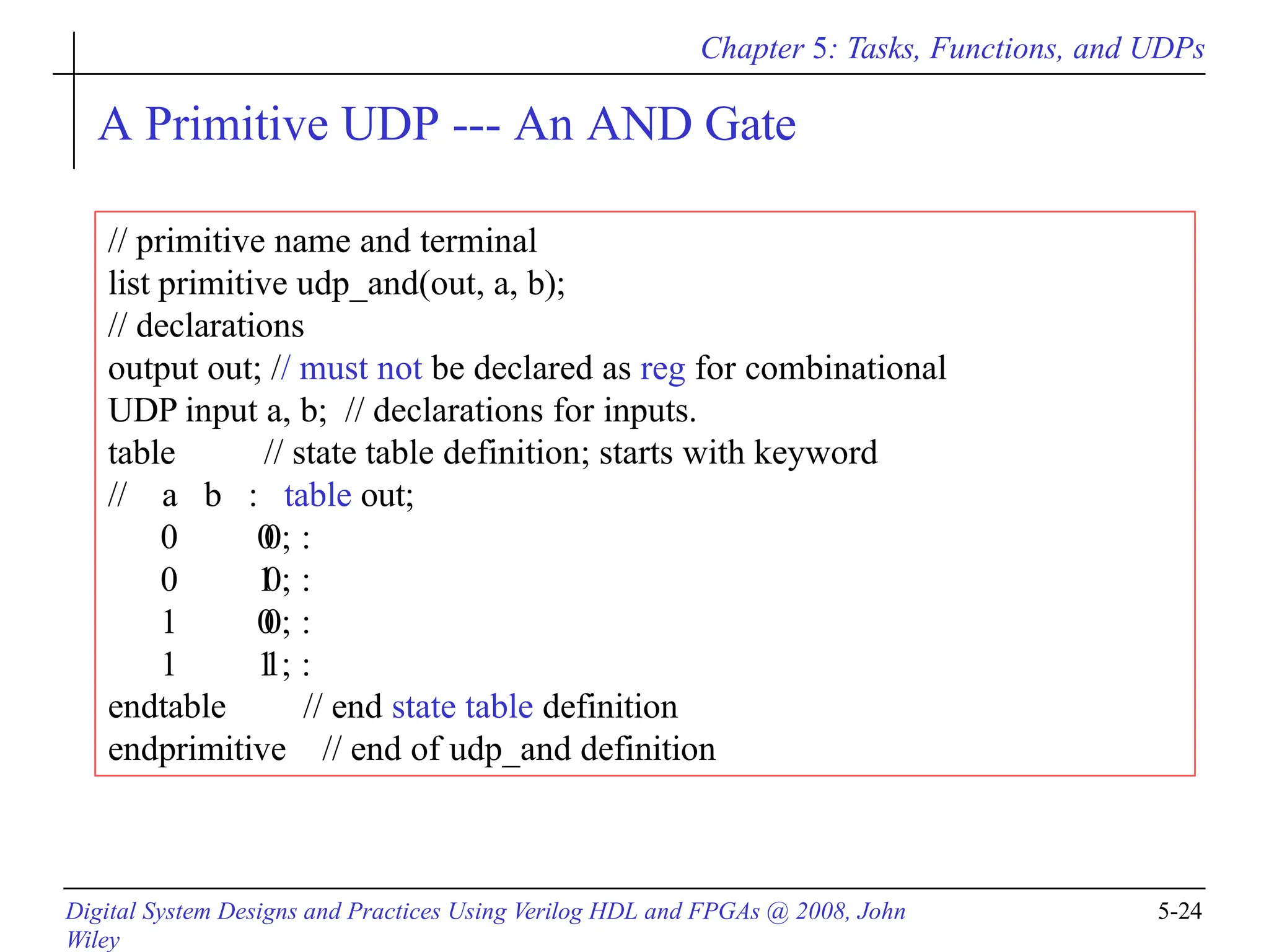 Chapter 5: Tasks, Functions, and UDPs
A Primitive UDP --- An AND Gate
// primitive name and terminal
list primitive udp_and(out, a, b);
// declarations
output out; // must not be declared as reg for combinational
UDP input a, b; // declarations for inputs.
table
// a b :
0 0 :
0 1 :
1 0 :
1 1 :
Digital System Designs and Practices Using Verilog HDL and FPGAs @ 2008, John
Wiley
5-24
endtable
// state table definition; starts with keyword
table out;
0;
0;
0;
1;
// end state table definition
endprimitive // end of udp_and definition
 