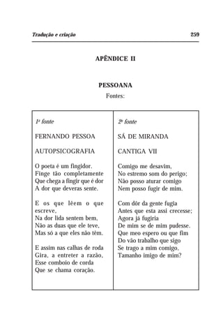 Tradução e criação 259
APÊNDICE II
PESSOANA
Fontes:
1a
fonte
FERNANDO PESSOA
AUTOPSICOGRAFIA
O poeta é um fingidor.
Finge tão completamente
Que chega a fingir que é dor
A dor que deveras sente.
E os que lêem o que
escreve,
Na dor lida sentem bem,
Não as duas que ele teve,
Mas só a que eles não têm.
E assim nas calhas de roda
Gira, a entreter a razão,
Esse comboio de corda
Que se chama coração.
2a
fonte
SÁ DE MIRANDA
CANTIGA VII
Comigo me desavim,
No estremo som do perigo;
Não posso aturar comigo
Nem posso fugir de mim.
Com dôr da gente fugia
Antes que esta assi crecesse;
Agora já fugiria
De mim se de mim pudesse.
Que meo espero ou que fim
Do vão trabalho que sigo
Se trago a mim comigo,
Tamanho imigo de mim?
 
