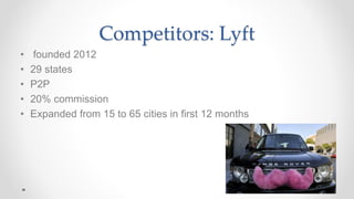 Competitors: Lyft
• founded 2012
• 29 states
• P2P
• 20% commission
• Expanded from 15 to 65 cities in first 12 months
 